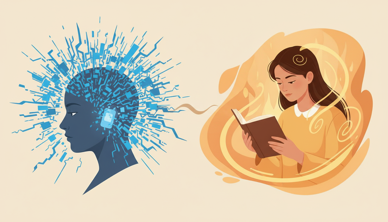 Der Kontrast zwischen blauem Licht von Geräten, das den Schlaf stört, und dem warmen Licht beim Lesen eines physischen Buches als beruhigende Abendroutine.