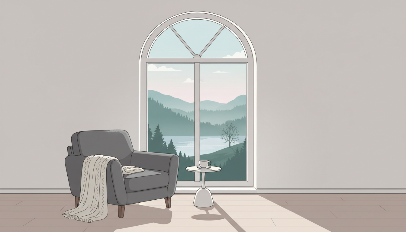 Leerer Sessel am Fenster mit Blick auf eine ruhige Naturlandschaft, symbolisiert Gelassenheit und die Bedeutung der Langeweile.