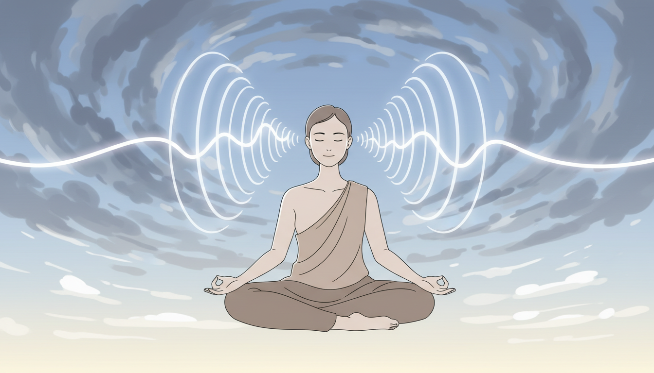 Serene meditierende Figur, umgeben von sanften, leuchtenden Schallwellen, die eine unruhige Landschaft in einen ruhigen Raum verwandeln.