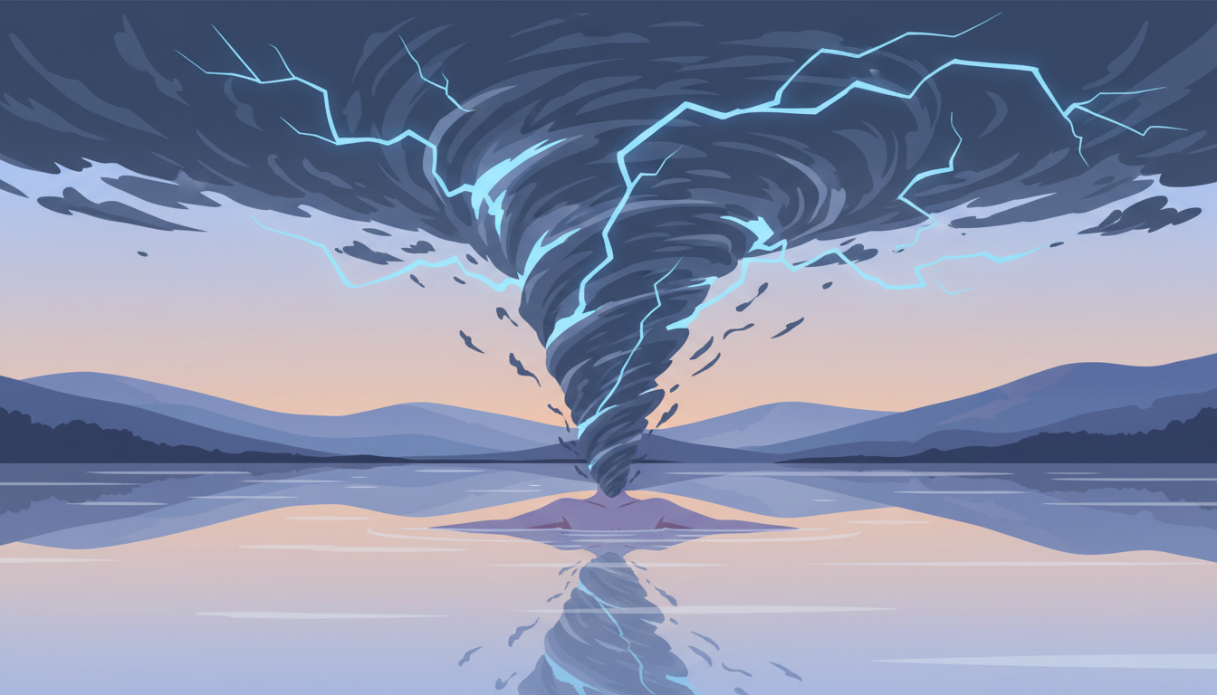 Kopf einer Person, der sich in wirbelnde Wolken und Blitze auflöst, während der Körper friedlich ruht, stellt mentalen Stress und Chaos bei Burnout dar.