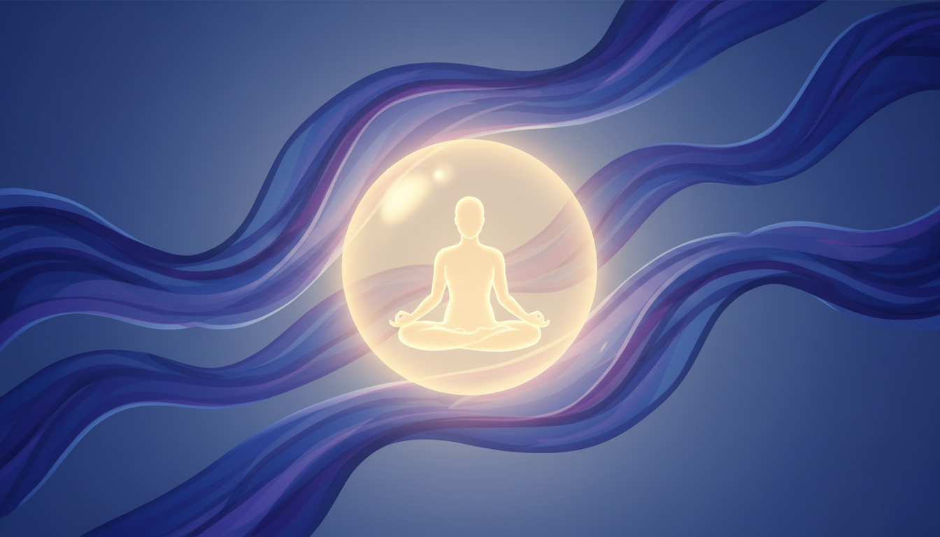 Meditierende Figur in einer leuchtenden Kugel, umgeben von beruhigenden blauen und violetten Energiewellen, die Entspannung symbolisieren.