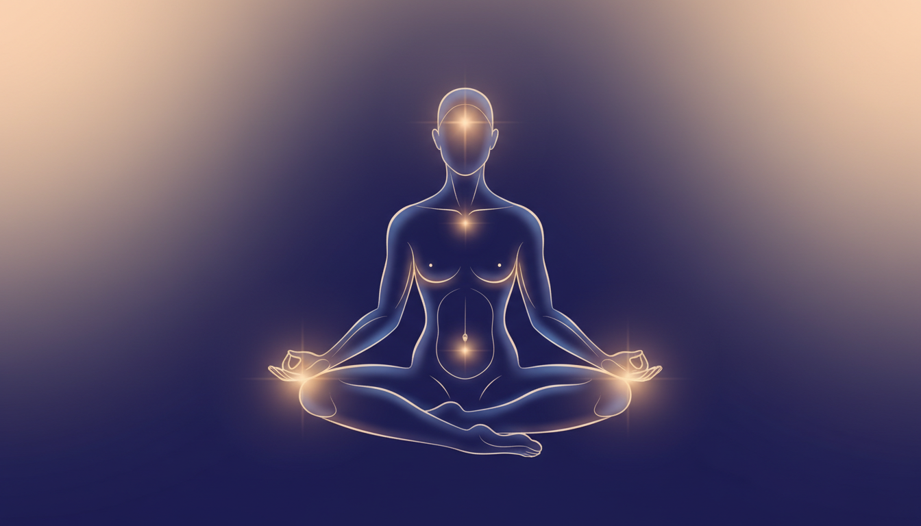 Feine, leuchtende Energielinien um eine menschliche Form mit beleuchteten Punkten an Händen, Gesicht und Füßen, die das Körperbewusstsein darstellen.
