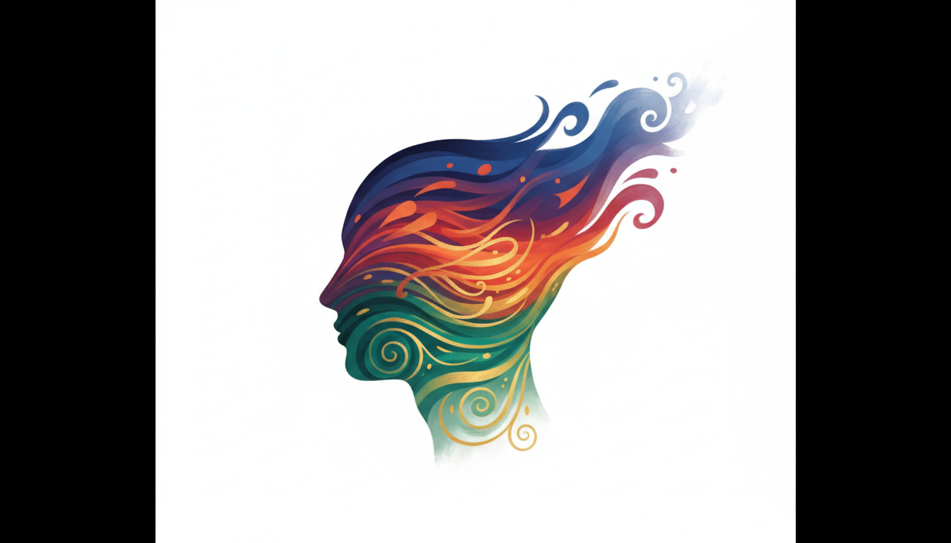 Eine ruhige Kopfsilhouette, bei der sanfte, wellenförmige blaue und violette Schallwellen chaotische, gezackte orangefarbene und rote Gehirnwellenmuster behutsam in harmonische, fließende, ruhige grüne und goldene Rhythmen überführen.