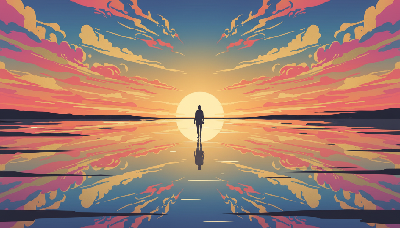 Person am See bei Sonnenuntergang, reflektiert einen neuen, lebendigen Horizont mit Frieden und Klarheit