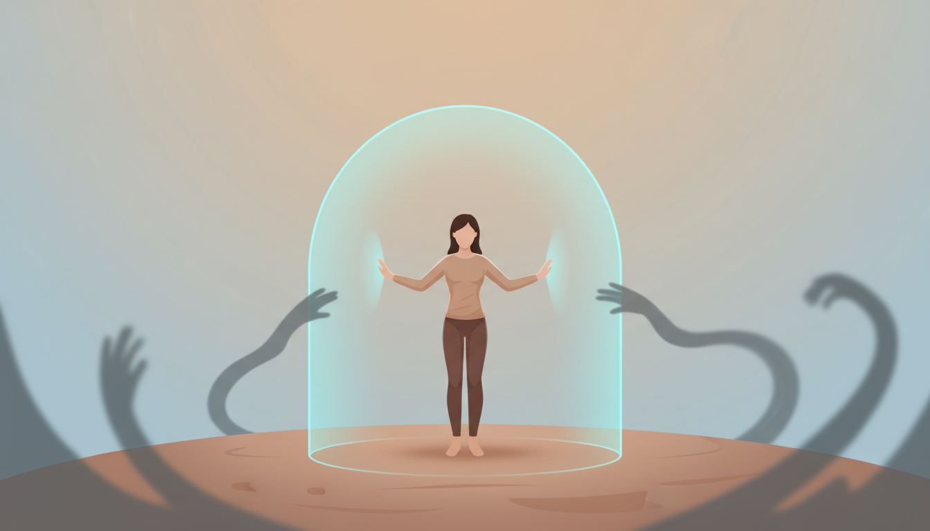 Individuum setzt eine leuchtende Grenze, um den persönlichen Raum zu schützen und sich vor Übergriffen durch Schatten oder unklare Gestalten abzuschirmen.