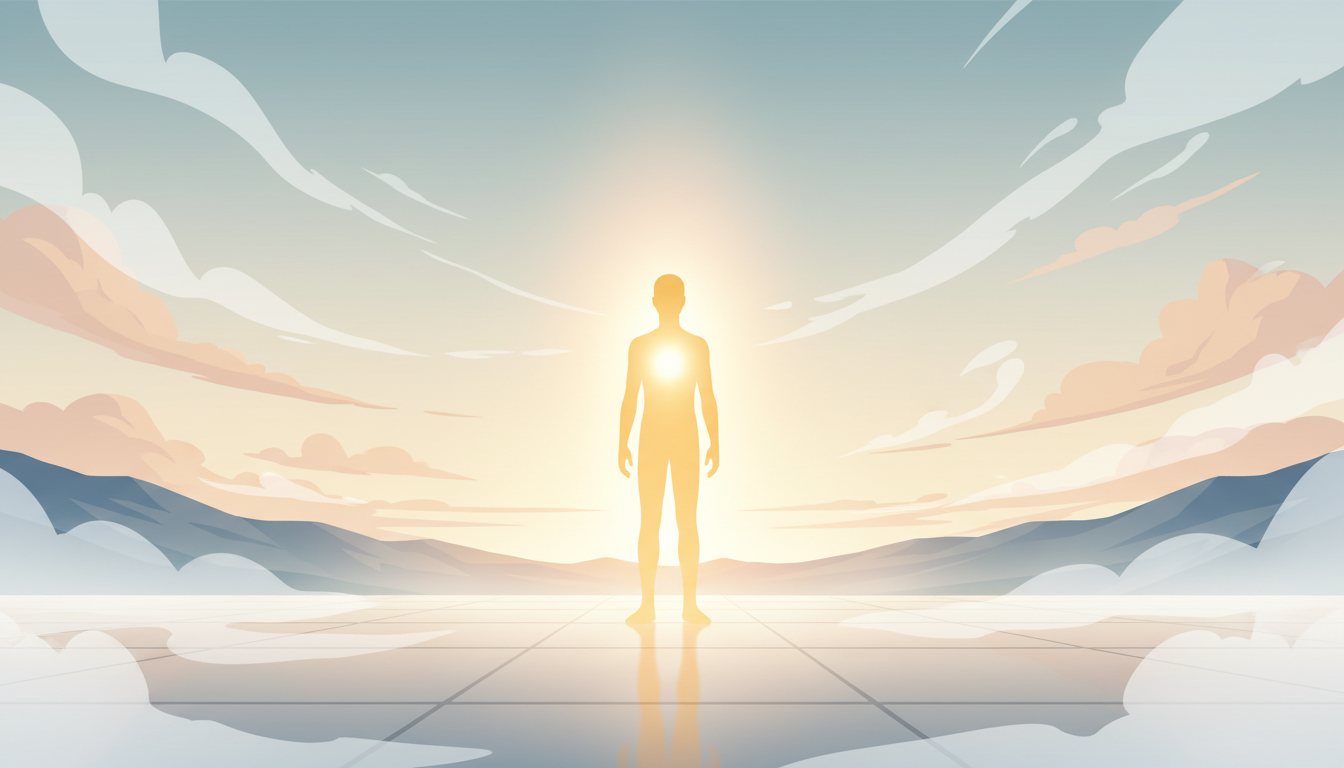 Person mit strahlendem inneren Licht steht stark in einer sich klärenden Landschaft, enthüllt einen klaren Horizont und symbolisiert Selbstermächtigung.