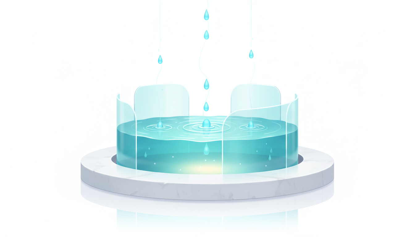 Wassertropfen füllen langsam einen tiefen, klaren Pool, eine Metapher für kleine, regelmäßige Meditationsübungen, die zu tiefer Ruhe führen.