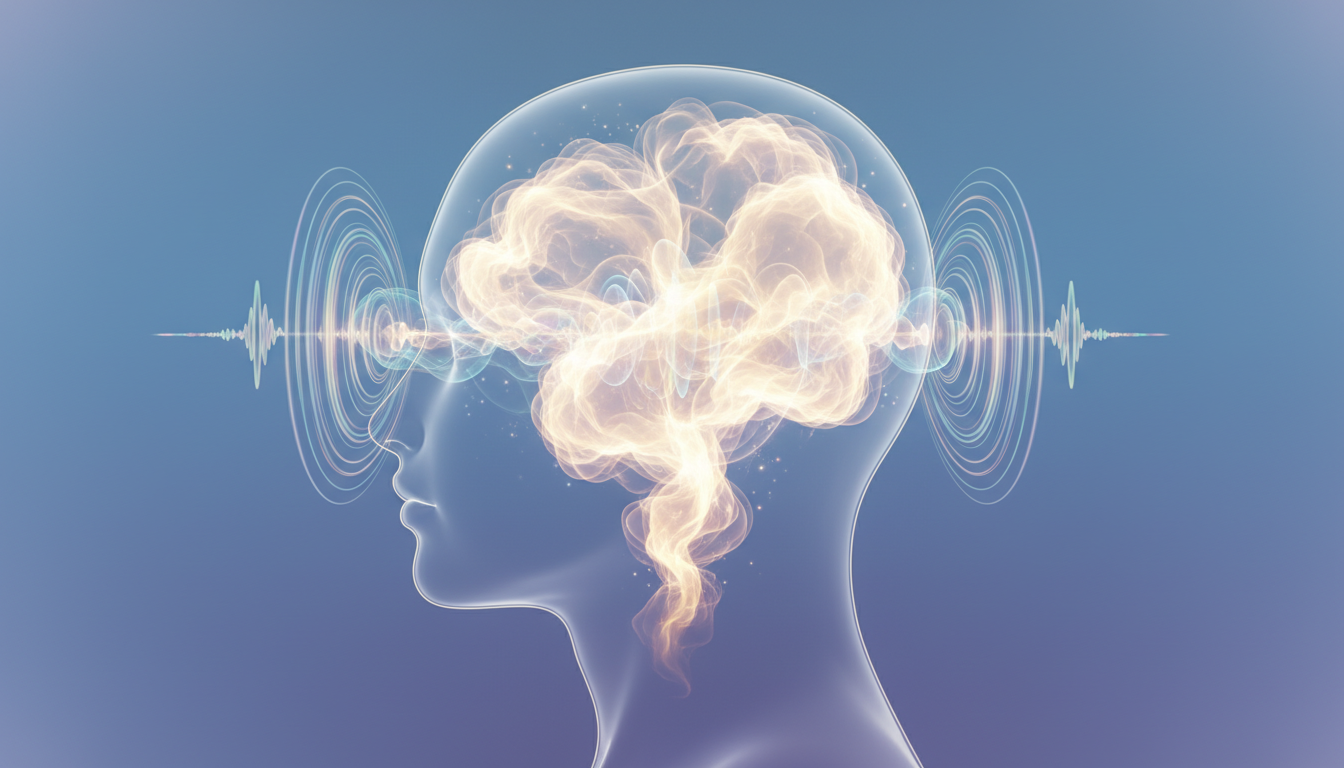 Ätherische Schallwellen als schimmernde Wellen, die leuchtende Energie in einem transparenten menschlichen Kopf formen und Gehirnwellen-Entrainment darstellen.