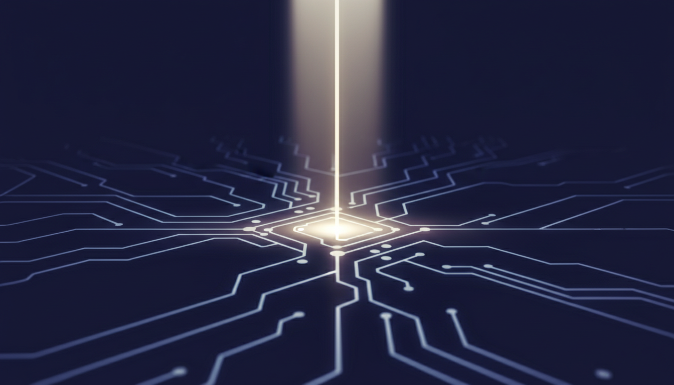 Ein strahlender, konzentrierter Lichtstrahl, der einen einzelnen Punkt innerhalb eines komplexen Netzwerks leuchtender Pfade beleuchtet, repräsentiert intensive mentale Klarheit und Fokus.