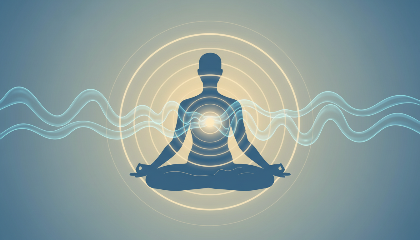 Sanfte, harmonische Lichtwellen und klare Energieströme strahlen von einer menschlichen Silhouette aus, die innere Ruhe und Konzentration inmitten von Veränderungen zeigt.