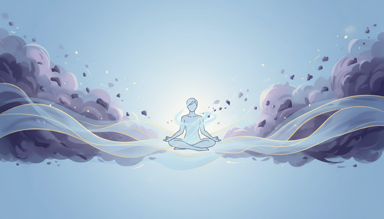 Eine ruhige Person inmitten heller Wellen, während dunkle Gedankenwolken verschwinden, symbolisiert mentale Klarheit und Frieden durch eine positive Denkweise.