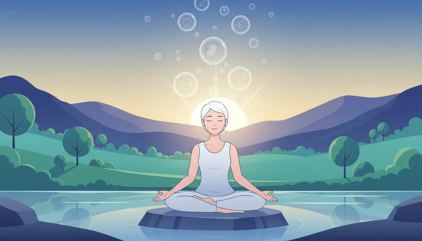Eine friedliche Person meditiert in einer ruhigen Landschaft, beobachtet, wie Gedanken als flüchtige Blasen davonschweben, was Achtsamkeit darstellt.