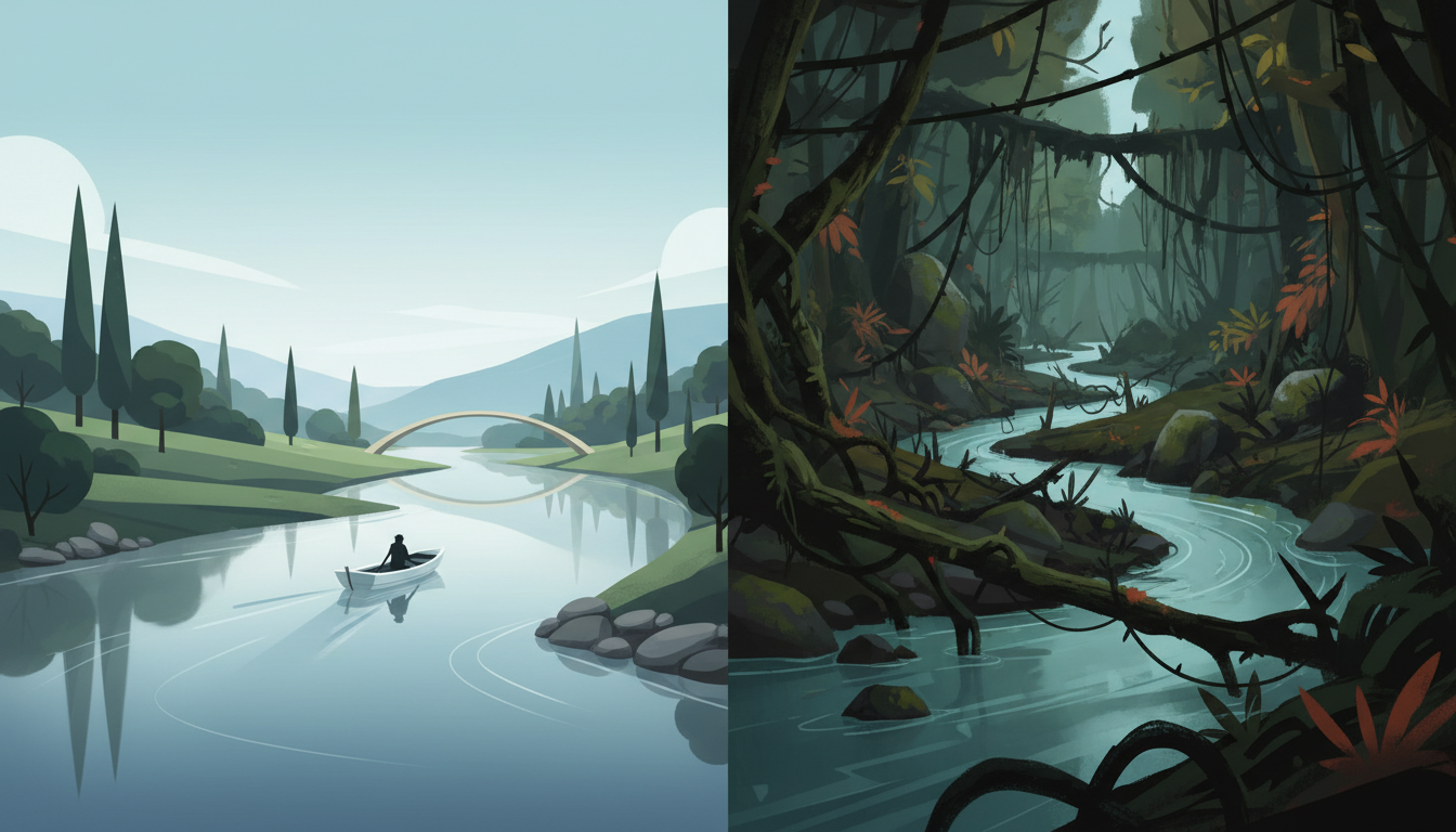 Ein klarer, ruhiger Fluss, der mühelos durch eine offene Landschaft fließt und ein kleines Boot sanft leitet, im Gegensatz zu einem gewundenen, überwucherten Fluss mit Hindernissen.