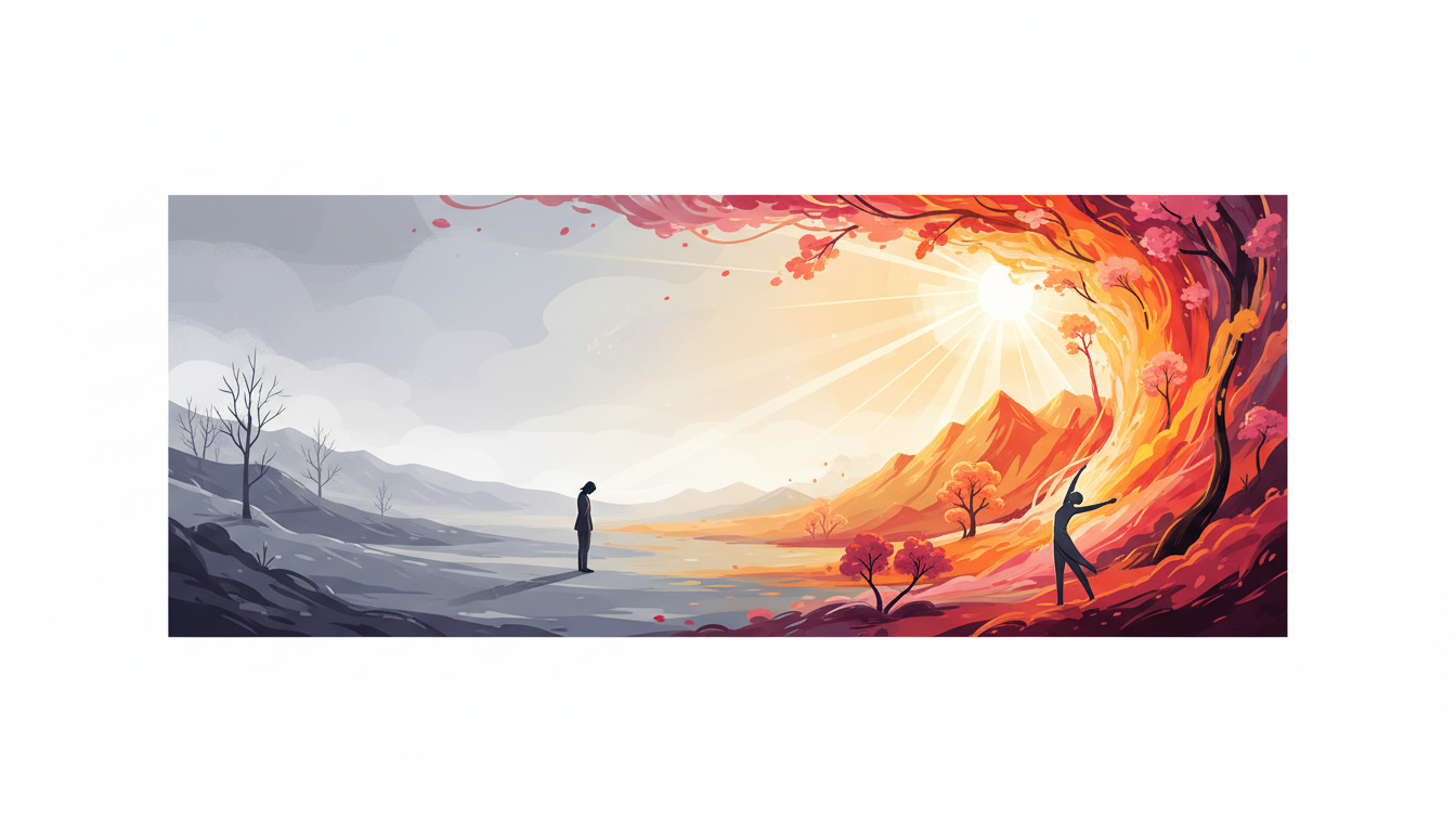 Eine visuelle Reise von einer gedämpften, lichtarmen Szene zu einer lebendigen, energiegeladenen Landschaft, die Erholung und erneute Kraft symbolisiert.