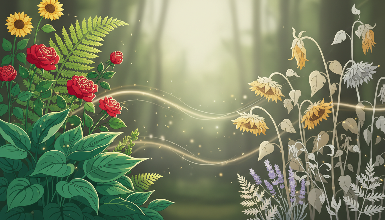 Üppiger Garten mit gesunden und verwelkten Pflanzen, der den Einfluss ungesehener Nährstoffmängel auf die Vitalität und chronische Müdigkeit symbolisiert.