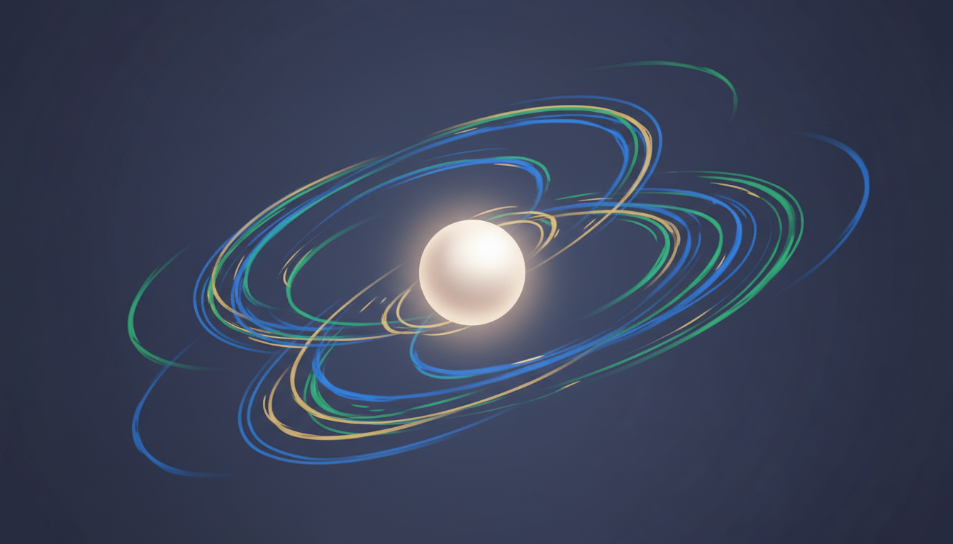 Leuchtende Kugel der Achtsamkeit lenkt wirbelnde Gedanken in sanfte, geordnete Bewegungen.