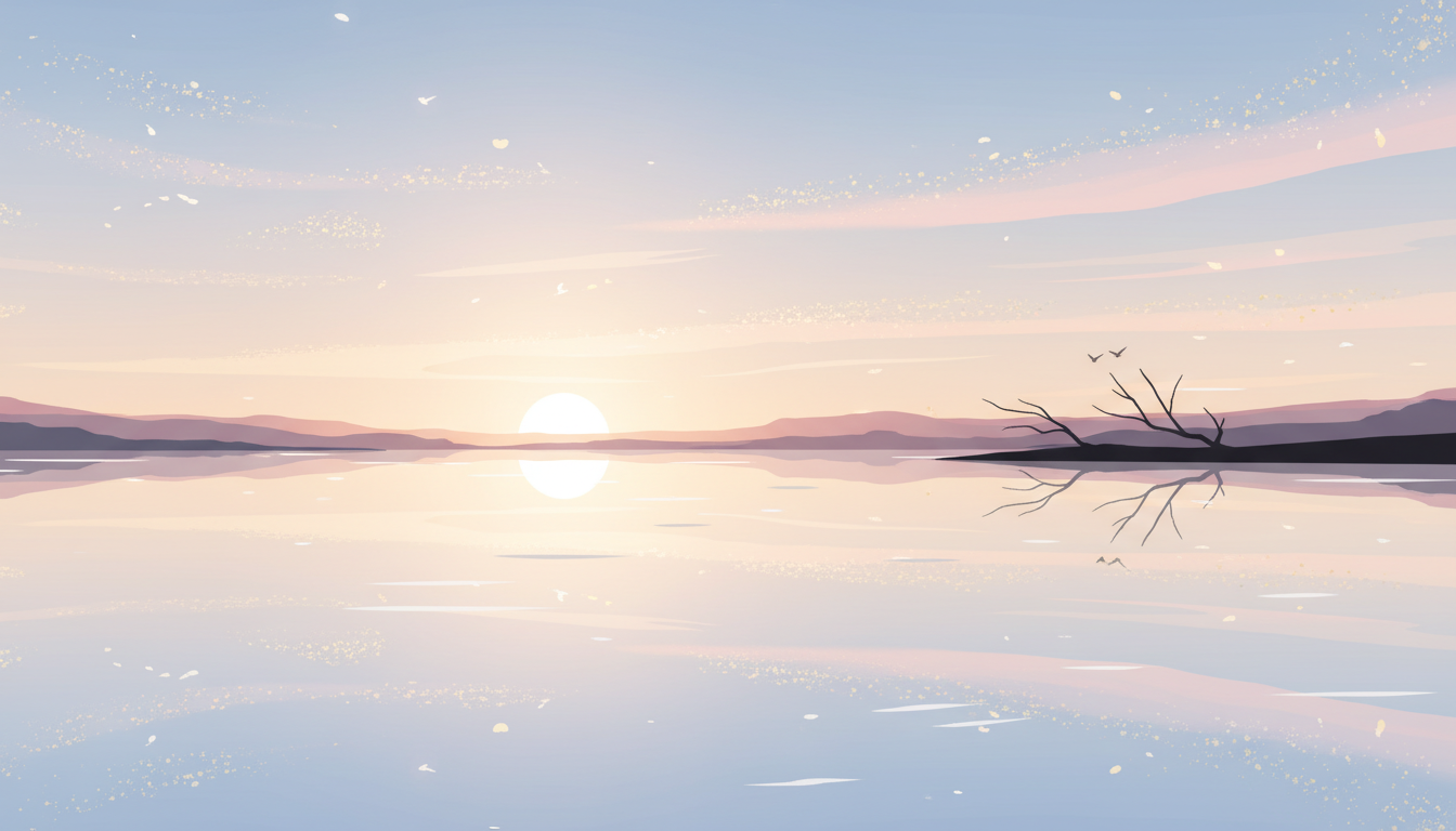 Ruhiger See bei Sonnenaufgang, der einen klaren Himmel spiegelt, als Metapher für Entspannung und Klarheit.
