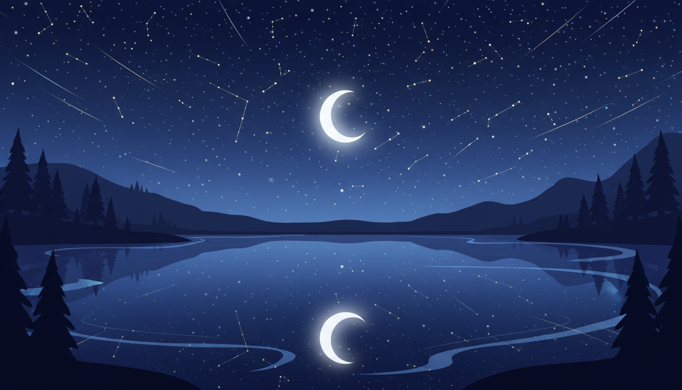 Ruhiger dunkelblauer See bei Nacht, der einen sternenklaren Himmel spiegelt, als Symbol für erholsamen Schlaf gegen Brain Fog