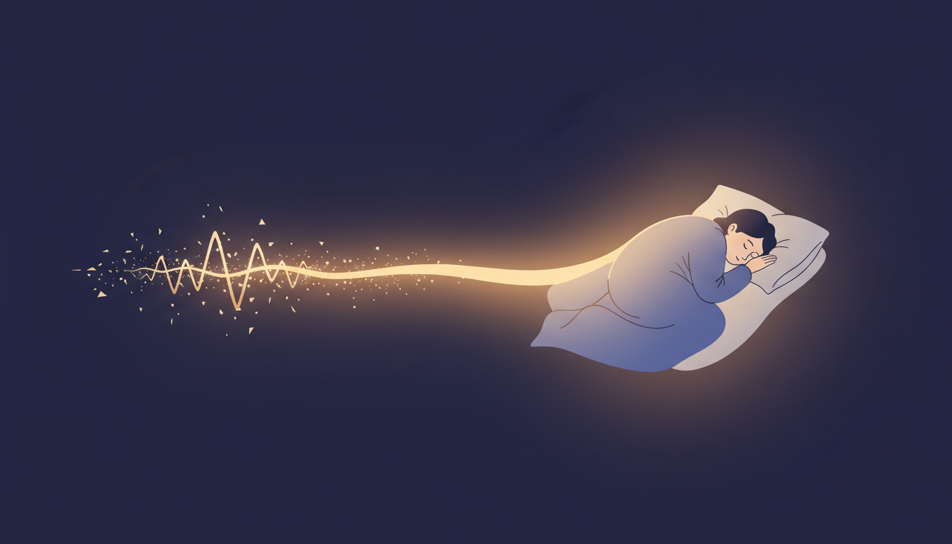 Eine friedlich schlafende Person unter sanftem Licht, während eine flackernde Lichtquelle sich in einen stabilen Strom verwandelt, der erholsamen Schlaf und Energiefluss darstellt.