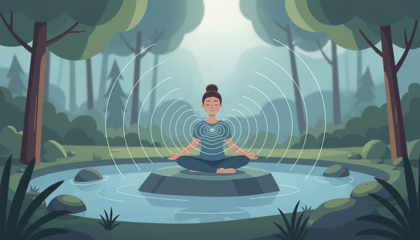 Eine tief entspannte Person in Meditation, umgeben von Natur, mit sanften, strahlenden Wellen ruhiger Energie aus ihrem Kern, die Entspannung und die Vorteile des parasympathischen Zustands darstellt.