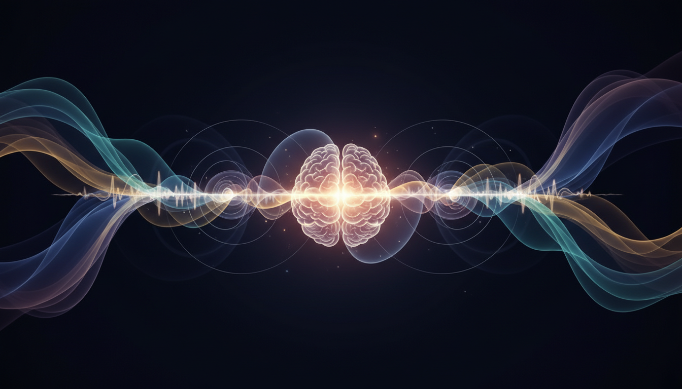 Abstrakte, fließende Muster aus Licht und Klang, die ein beleuchtetes Gehirn sanft in einen Zustand tiefer Ruhe und Regeneration führen, symbolisieren fortschrittliche Audiotechnologie.