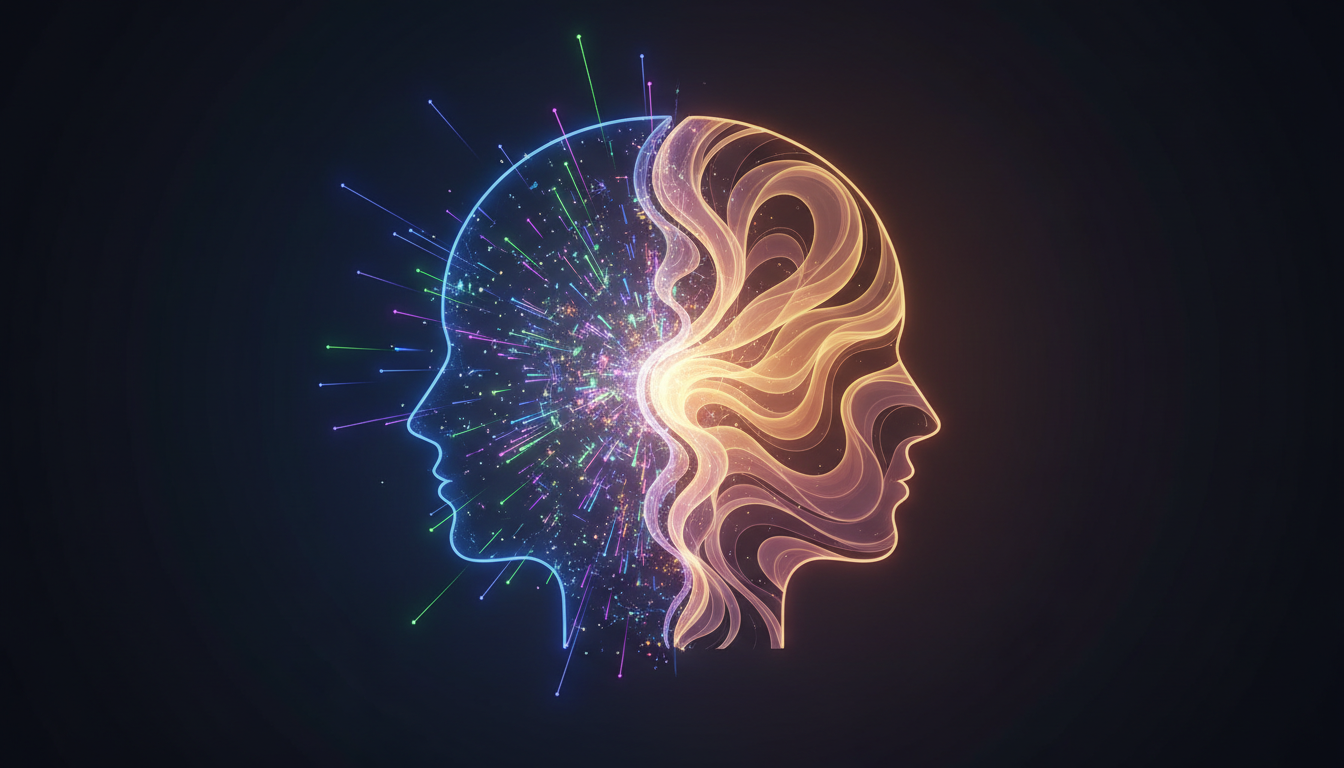 Zwei Kopfhälften, die energetische und ruhige Muster vereinen und mentale Balance zeigen.