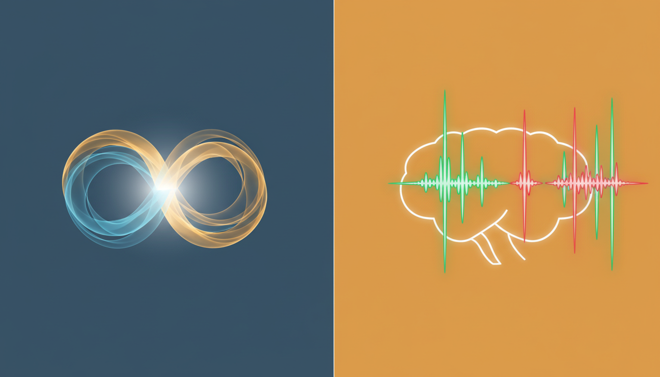 Konzeptbild zum Vergleich von binauralen Beats (verschmelzende Ströme) und isochronen Tönen (rhythmische Impulse) im Gehirn.