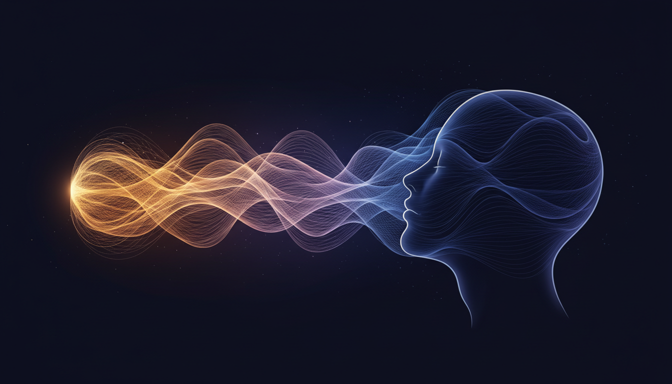 Harmonische Klangwellen, die sanft zu einem entspannten Kopf fließen und von aktiven zu beruhigenden Frequenzen übergehen, symbolisieren tiefe mentale Stille.