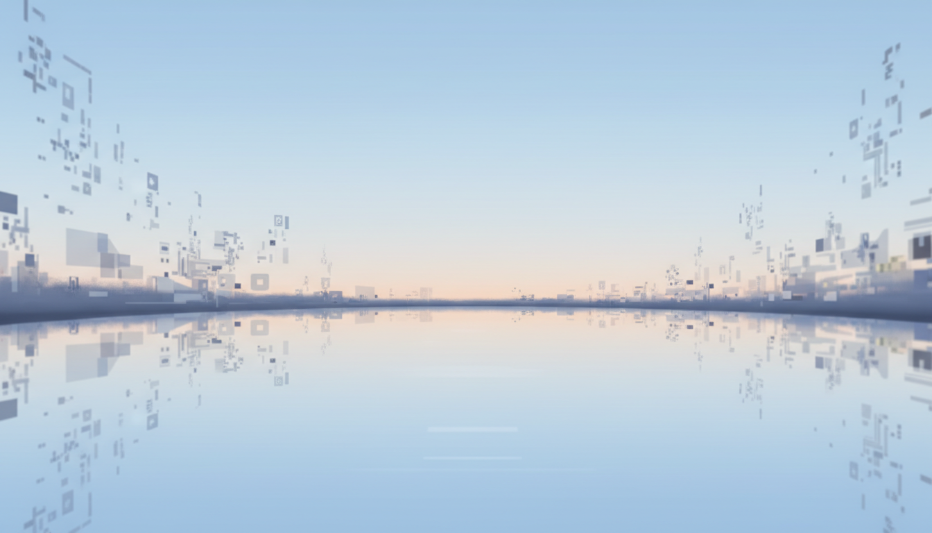 Stiller Teich als Symbol für einen friedlichen Geist, während digitaler Lärm im Hintergrund verblasst, was die Wichtigkeit der Ruhe hervorhebt.