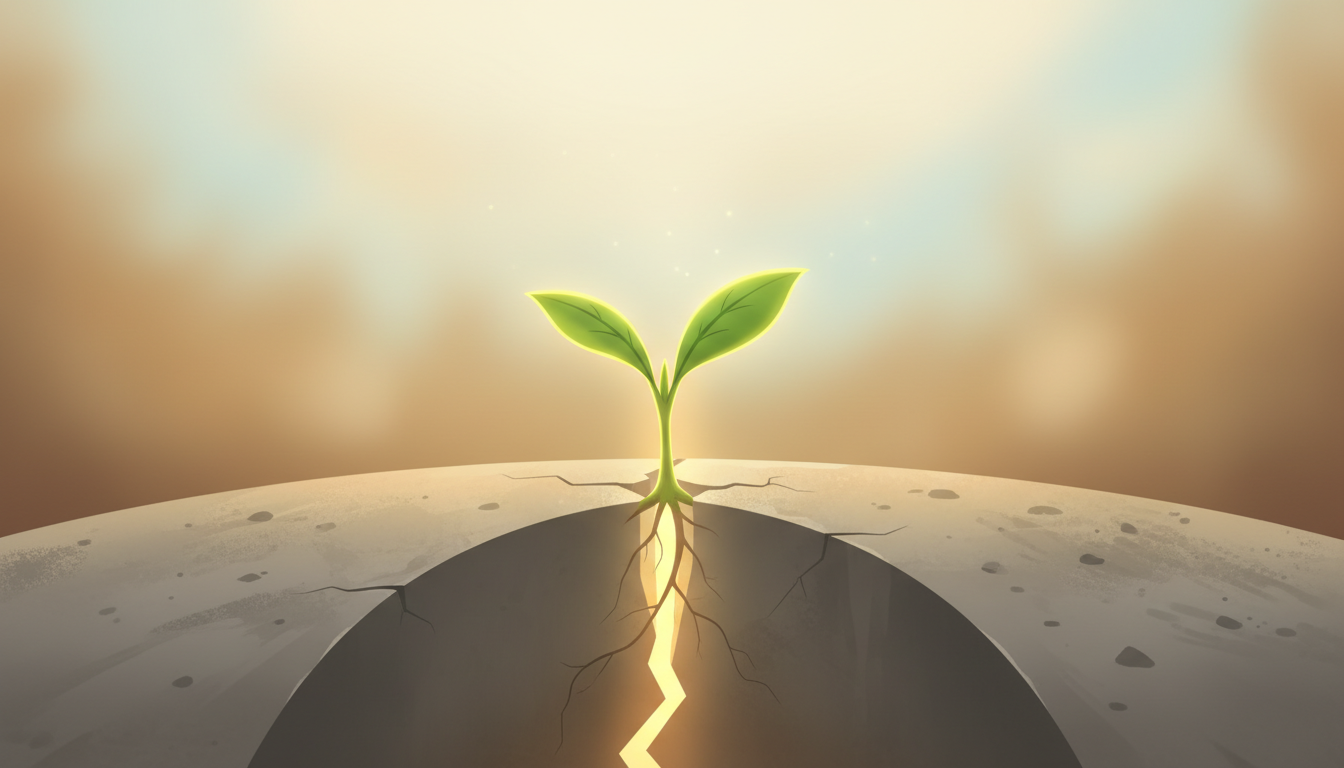 Symbolische Darstellung des Wachstums: eine kleine, lebendige Pflanze durchbricht eine Barriere, gebadet in warmem Licht, als Zeichen dauerhaften Friedens.