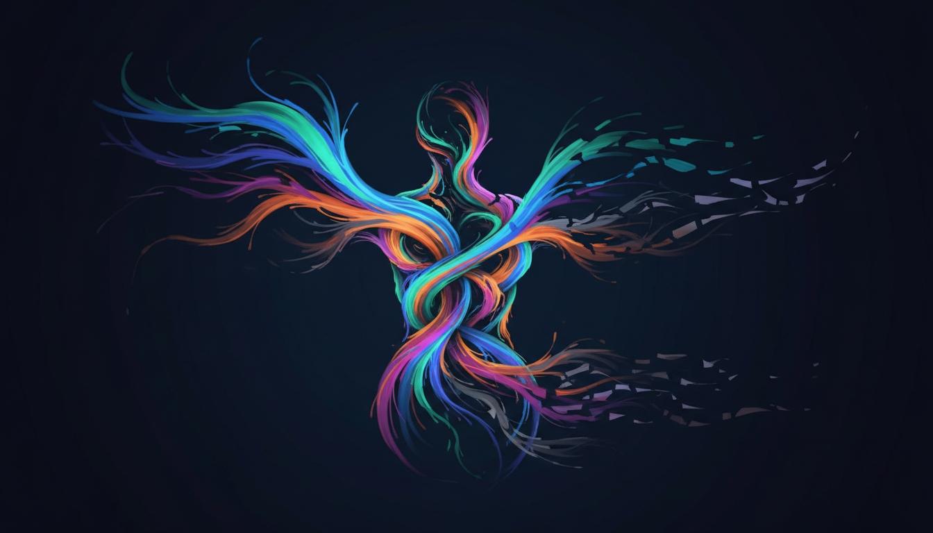 Abstrakte Darstellung der Körperenergie: leuchtende und fragmentierte Lichtströme veranschaulichen Stressreaktion und Erschöpfung (Adrenalin-Fatigue).