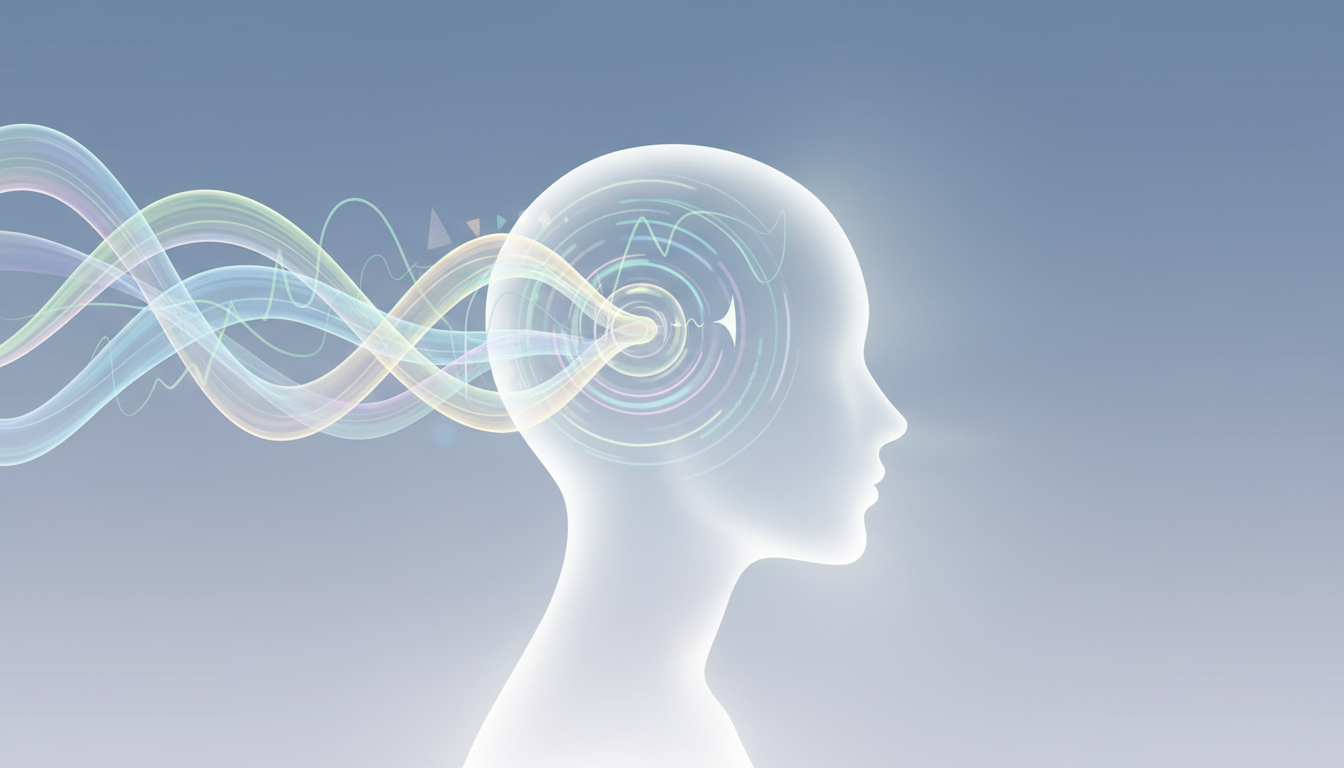 Sanfte, farbige Schallwellen strömen in den Kopf einer Person, verwandeln chaotische Muster in serene, leuchtende Wellen und symbolisieren innere Ruhe und Heilung.