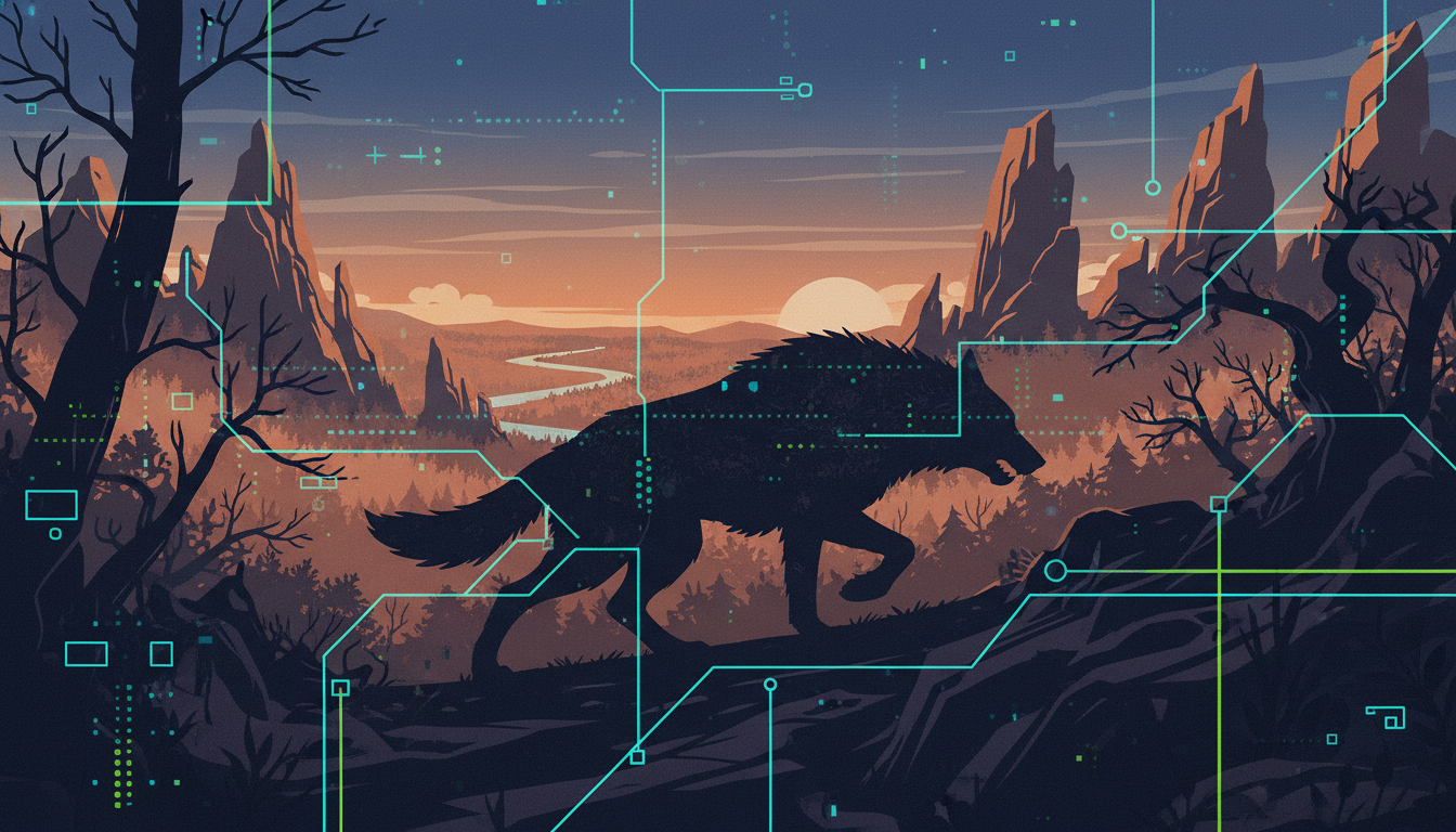 Urzeitliche Landschaft mit Tiersilhouette und digitalen Mustern, die die moderne Kampf-oder-Flucht-Reaktion bei Stress darstellt.