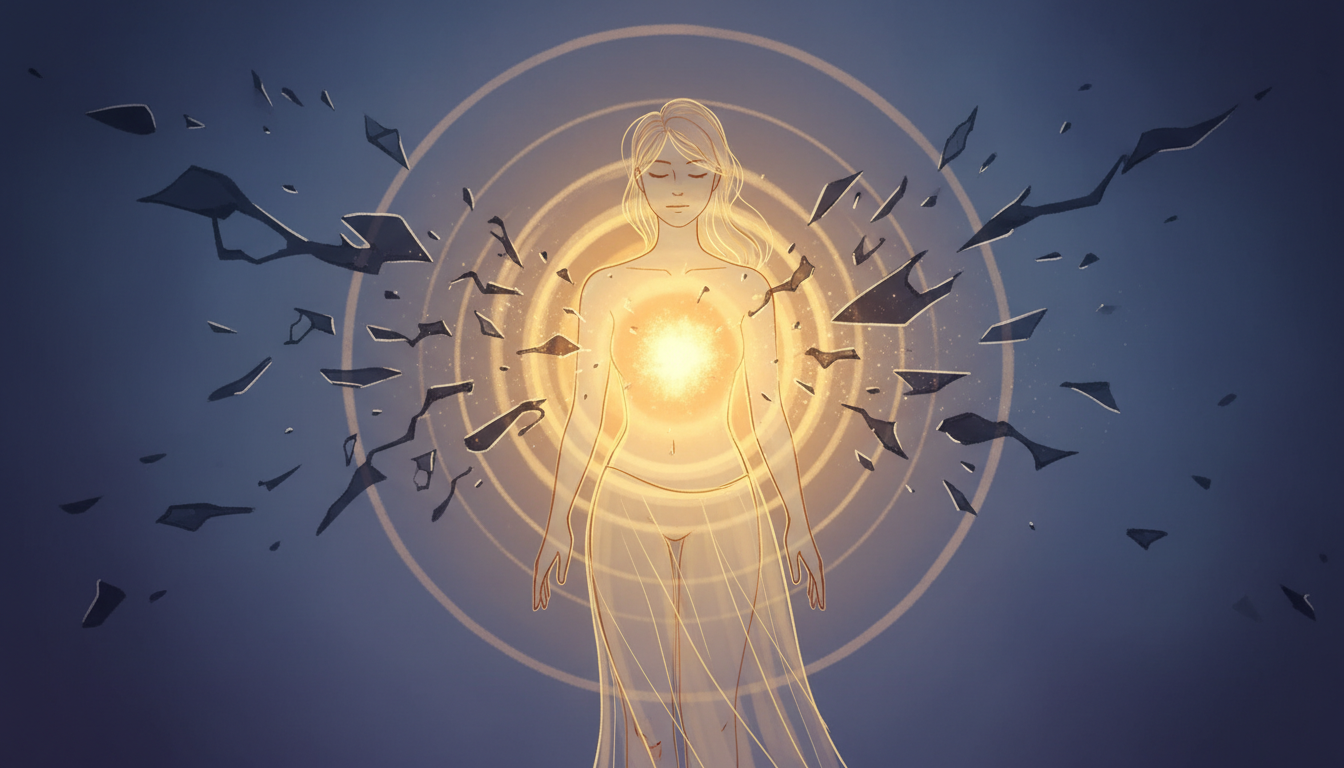 Warmes, sanftes Licht strahlt aus der Brust einer Person und verdrängt dunkle Elemente, was Stressabbau und Heilung durch Entspannung symbolisiert.