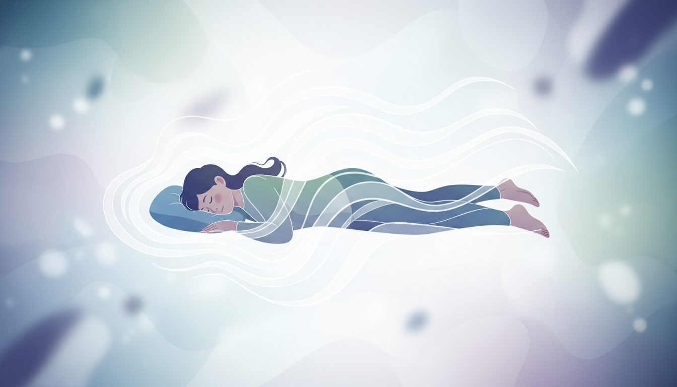 Eine Person in tiefer, friedlicher Ruhe, umgeben von ruhigen, rhythmischen Energiewellen, die neuronale Reorganisation suggerieren.