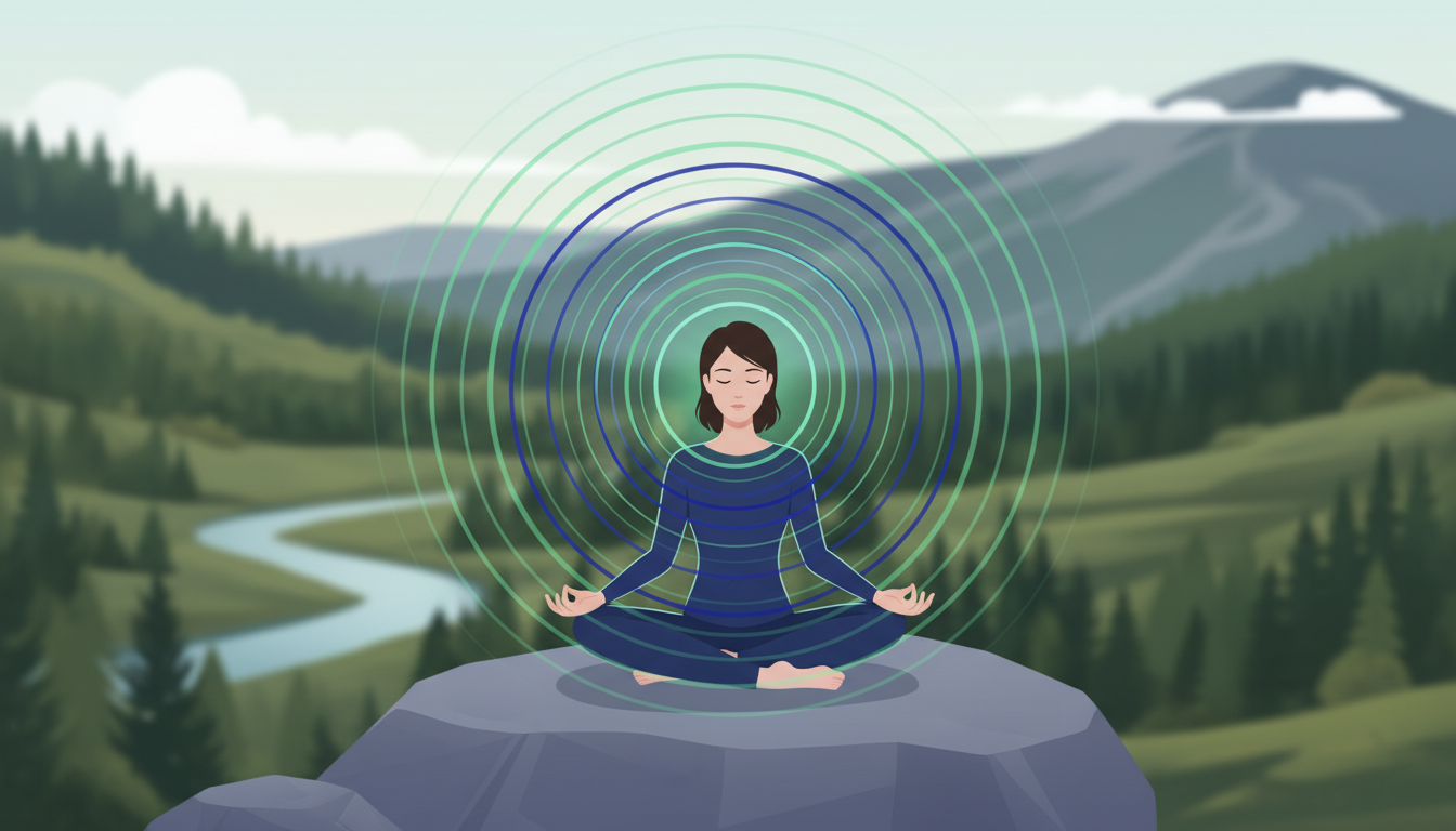 Eine Figur in ruhiger, meditativer Pose, umgeben von einer sanften, sich ausbreitenden Aura aus tiefblauem und sanftgrünem Licht, die inneren Frieden und die Aktivierung der 'Ruhen-und-Verdauen'-Funktionen symbolisiert, vor einem verschwommenen, friedlichen Naturhintergrund.