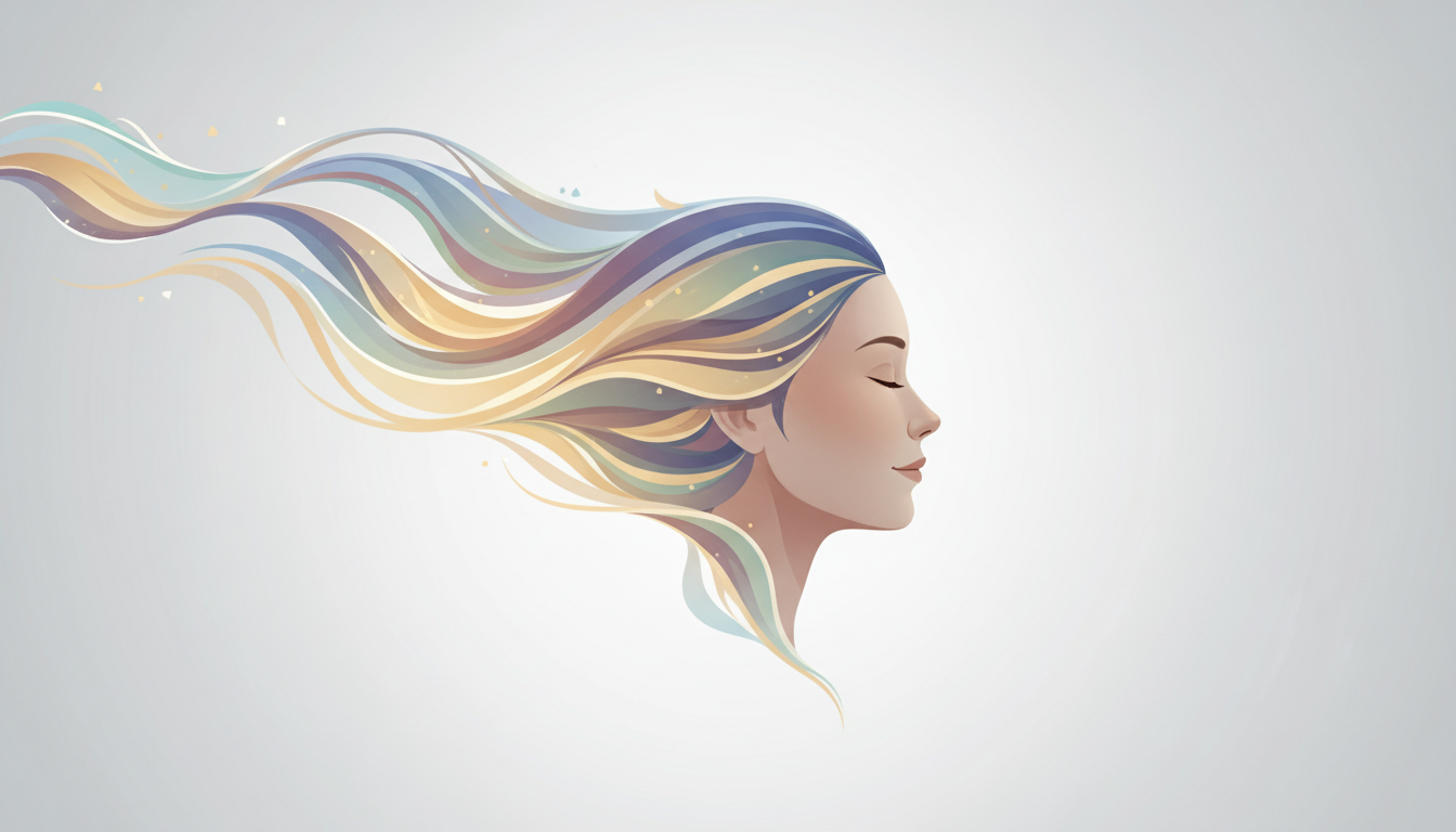 Fließende, harmonische Wellen aus Licht und Farbe umgeben den Kopf einer Person, tiefe Ruhe und Fokus