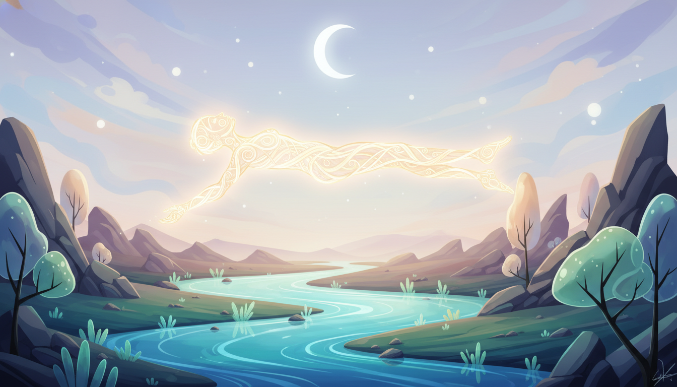 Lichtgestalt in harmonischer Naturlandschaft, verkörpert innere Ruhe, Gleichgewicht und die Klarheit, die durch Selbstbehauptung entsteht.