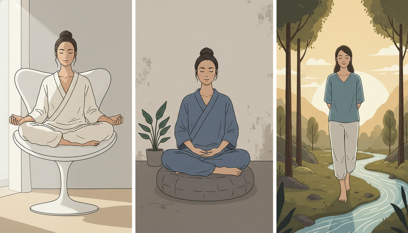 Personen meditieren bequem auf Stuhl, Bodenkissen und achtsam gehend im Freien, was verschiedene flexible Meditationshaltungen und -orte zeigt.