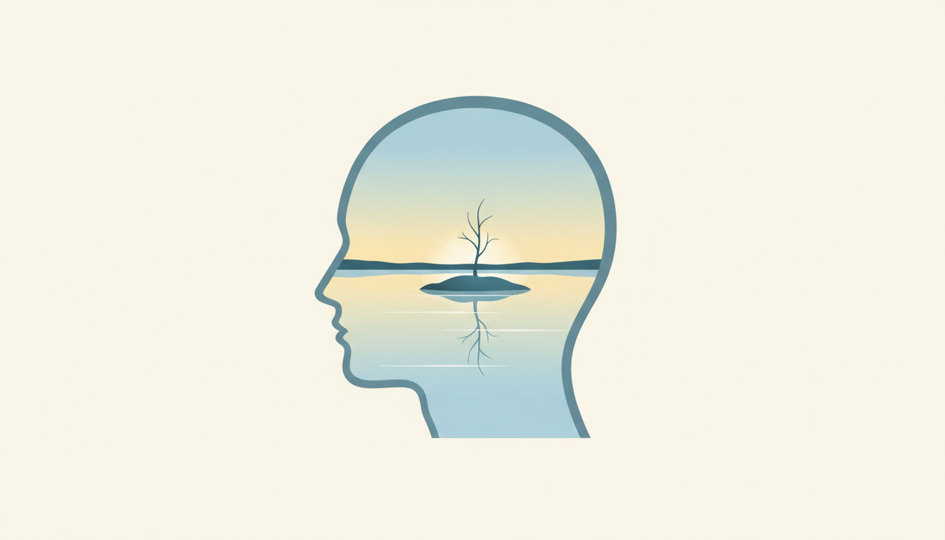 Eine ruhige innere Landschaft in einem menschlichen Profil mit einem stillen See, der einen klaren Himmel spiegelt, symbolisiert inneren Frieden und geistige Klarheit durch Brainwave Entrainment.