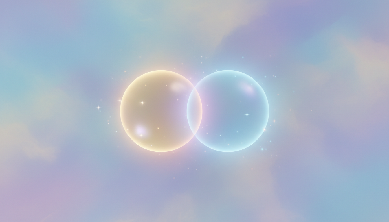 Zwei perfekt ausbalancierte, leuchtende Kugeln schweben sanft und harmonisch in einer weitläufigen, ätherischen Umgebung und rufen ein Gefühl von innerem Frieden und Gleichgewicht hervor.