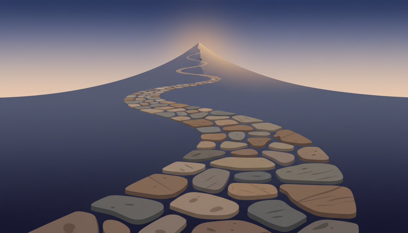 Ein kurvenreicher Pfad aus einzigartigen Trittsteinen, die trotz Abnutzung zu einem leuchtenden Berggipfel führen, als Metapher für den Lebensweg und persönliches Wachstum.