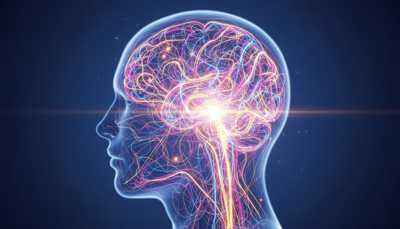Ein lebendiges, vernetztes Netzwerk glühender Fäden in einem durchscheinenden menschlichen Kopf, mit konzentrierten hellen Lichtimpulsen, die von der Basis ausgehen und sich ausbreiten, um Belohnungs- und Motivationspfade anzuzeigen.