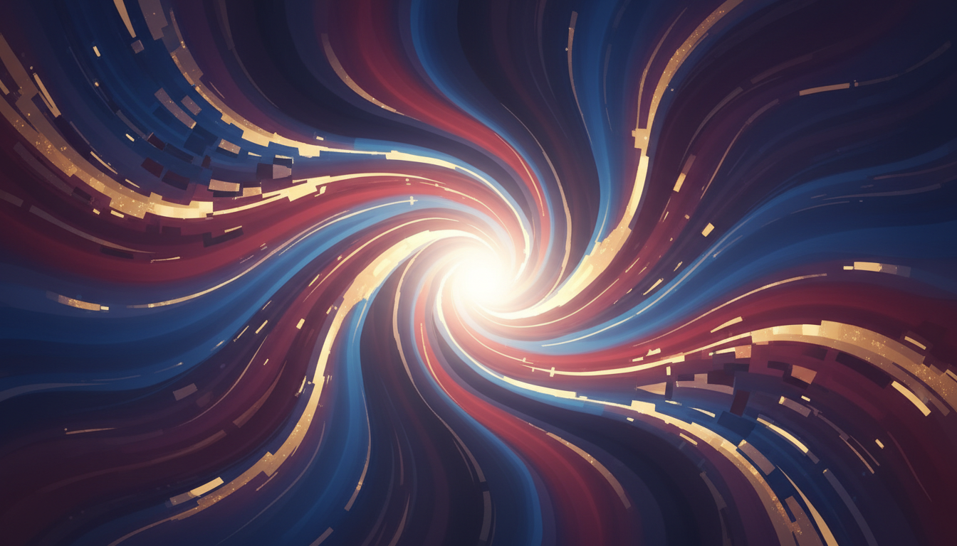 Fließende, abstrakte Muster aus Licht und Farbe, die von Fragmentierung zu harmonischen Wellen übergehen und einen zentralen, vereinenden Puls zeigen.