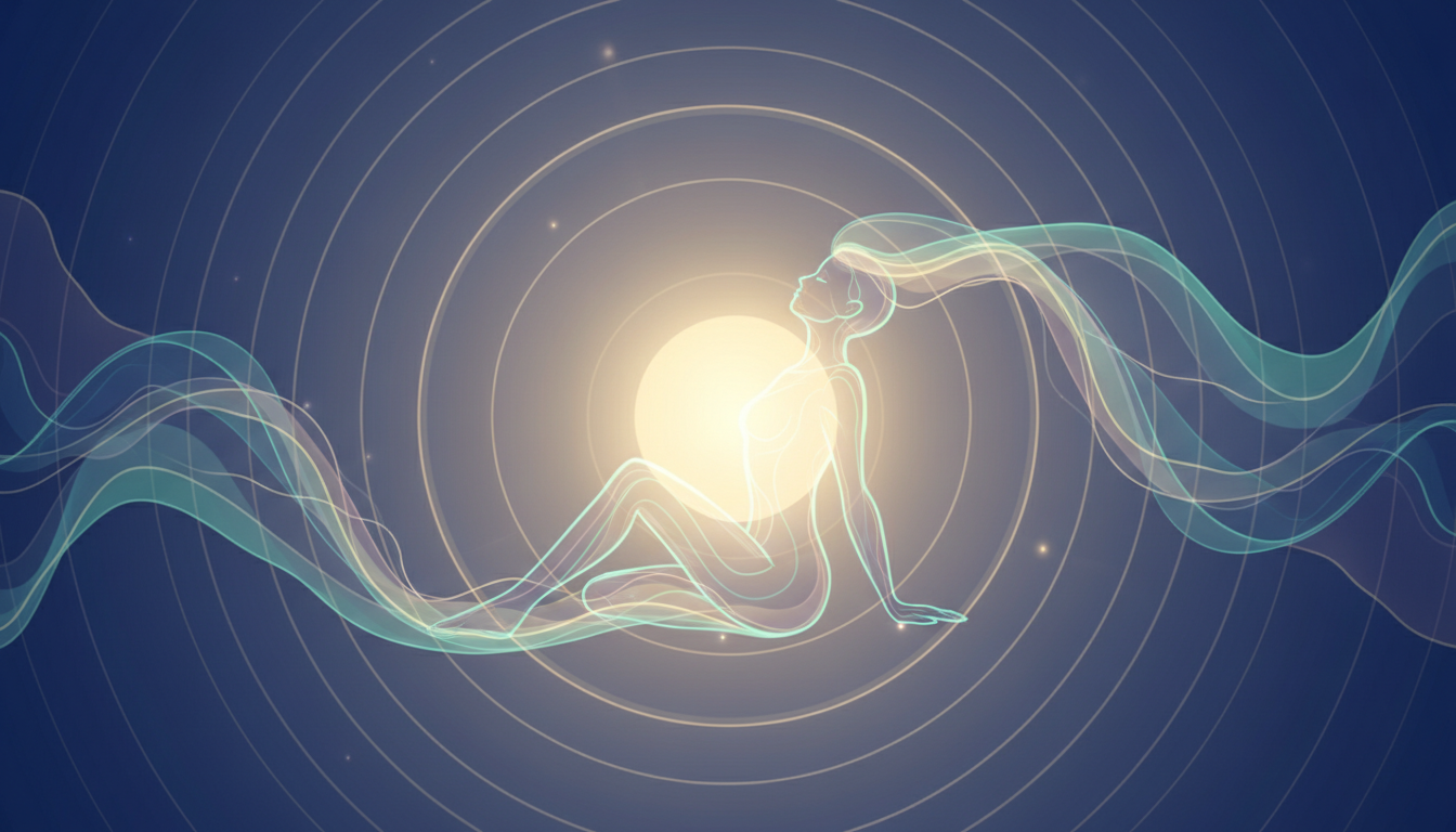 Abstrakte, harmonische Lichtmuster umgeben eine entspannte Figur und symbolisieren tiefe Ruhe und Gelassenheit.