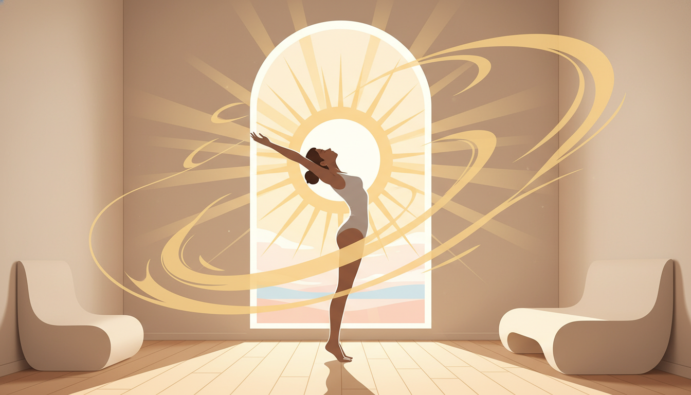 Person dehnt sich sanft bei Sonnenaufgang, symbolisiert natürliche Morgenenergie und Vitalität.