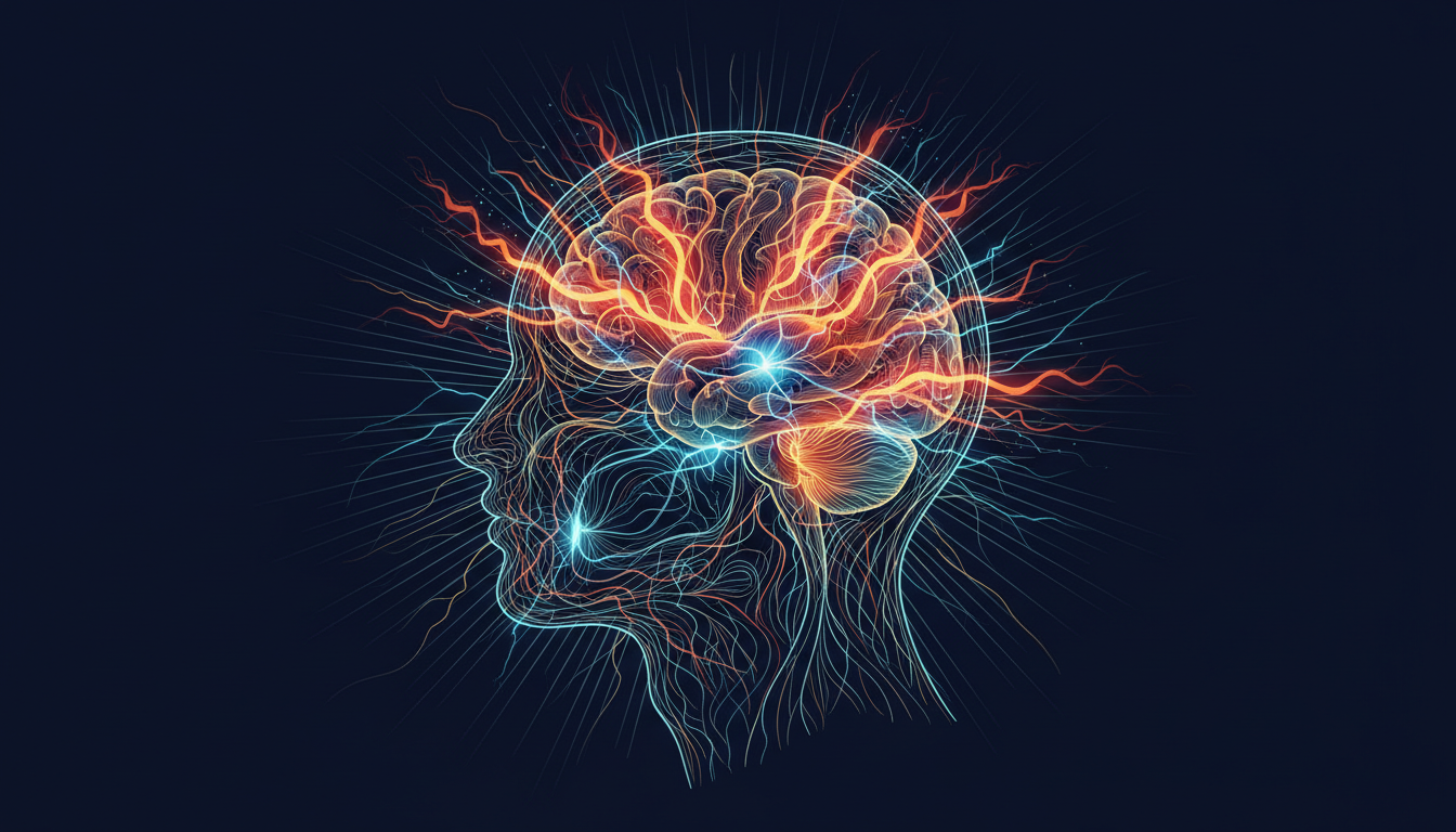 Komplexes Netzwerk leuchtender Energiepfade in einem menschlichen Kopf, das Überstimulation und Erschöpfung symbolisiert.