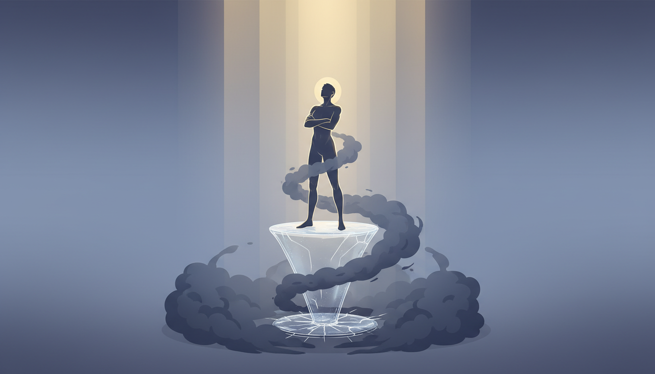 Person auf zerbrechlichem Podest im Nebel des Selbstzweifels, von goldenem Licht der Stärke erhellt.
