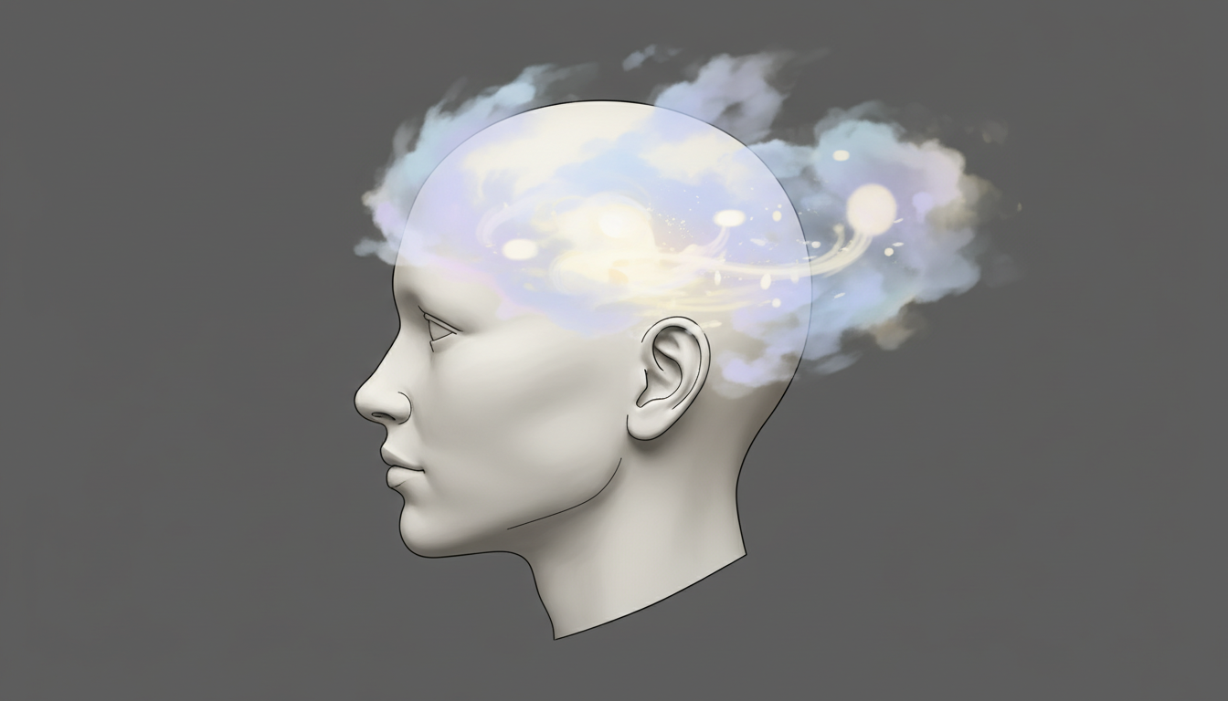 Kopf umgeben von weichem Nebel und verschwommenen Gedanken, visuelle Darstellung von Brain Fog