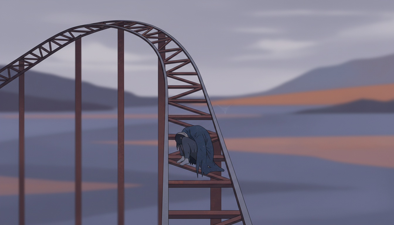 Eine steile Achterbahnfahrt nach unten, die den rapiden Energieabfall und die Erschöpfung nach einem Blutzucker-Crash symbolisiert.